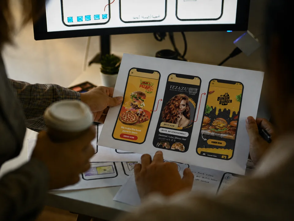 Mobile app screen designs for food ordering and booking laid out for review