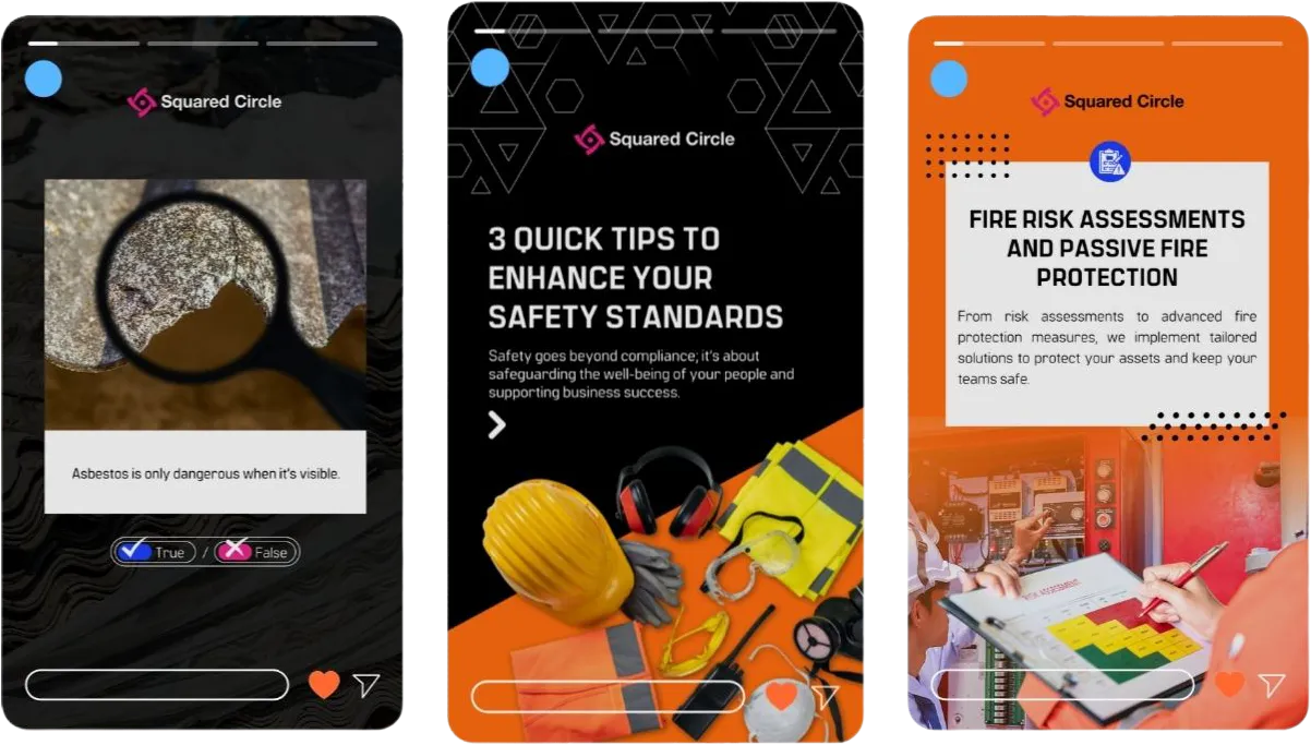 Three Instagram story ads for Squared Circle