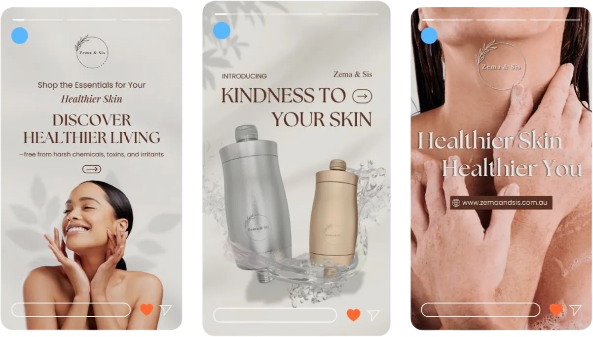 Three Instagram story ads for Zema and Sis skincare