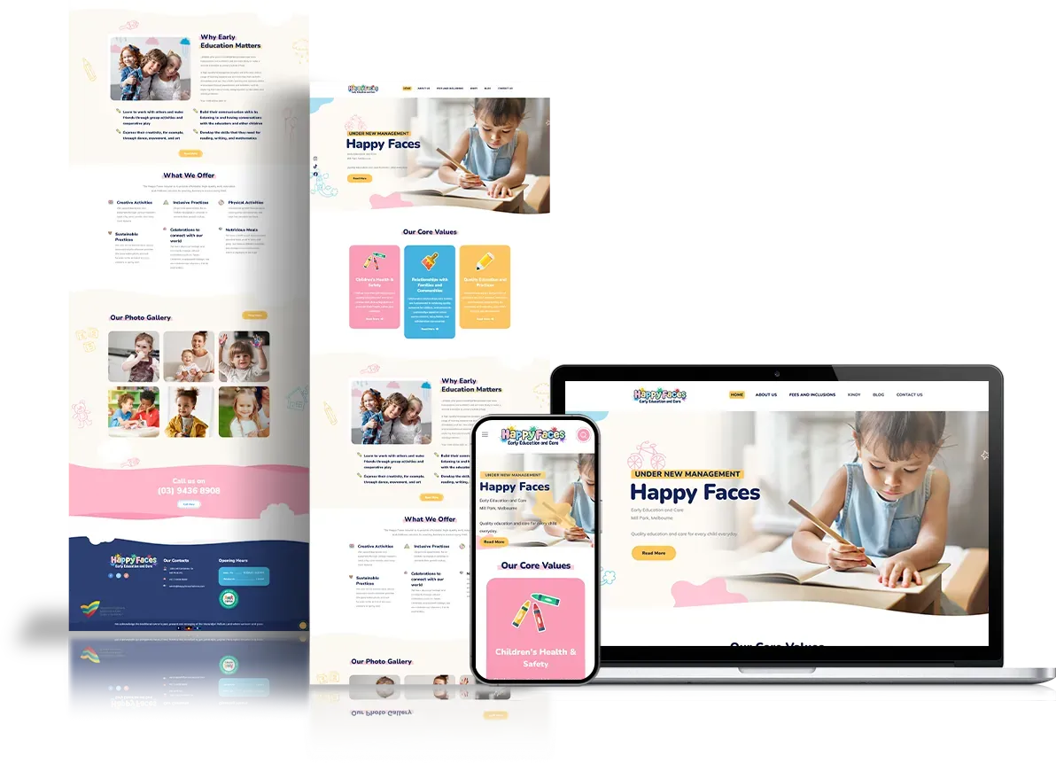 Happy Faces childcare website shown on desktop, tablet and phone