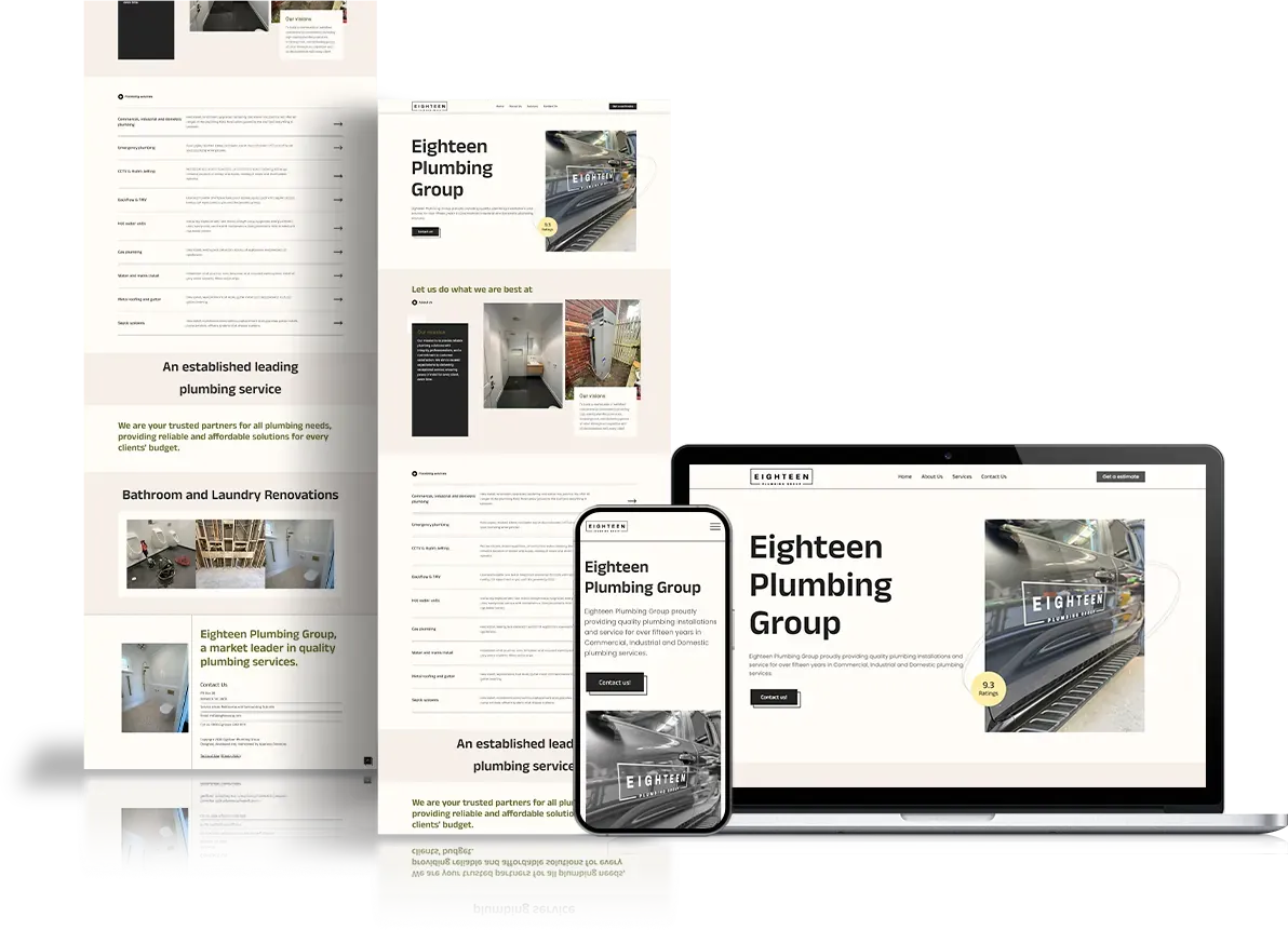 Eighteen Plumbing Group website shown on desktop, tablet and phone