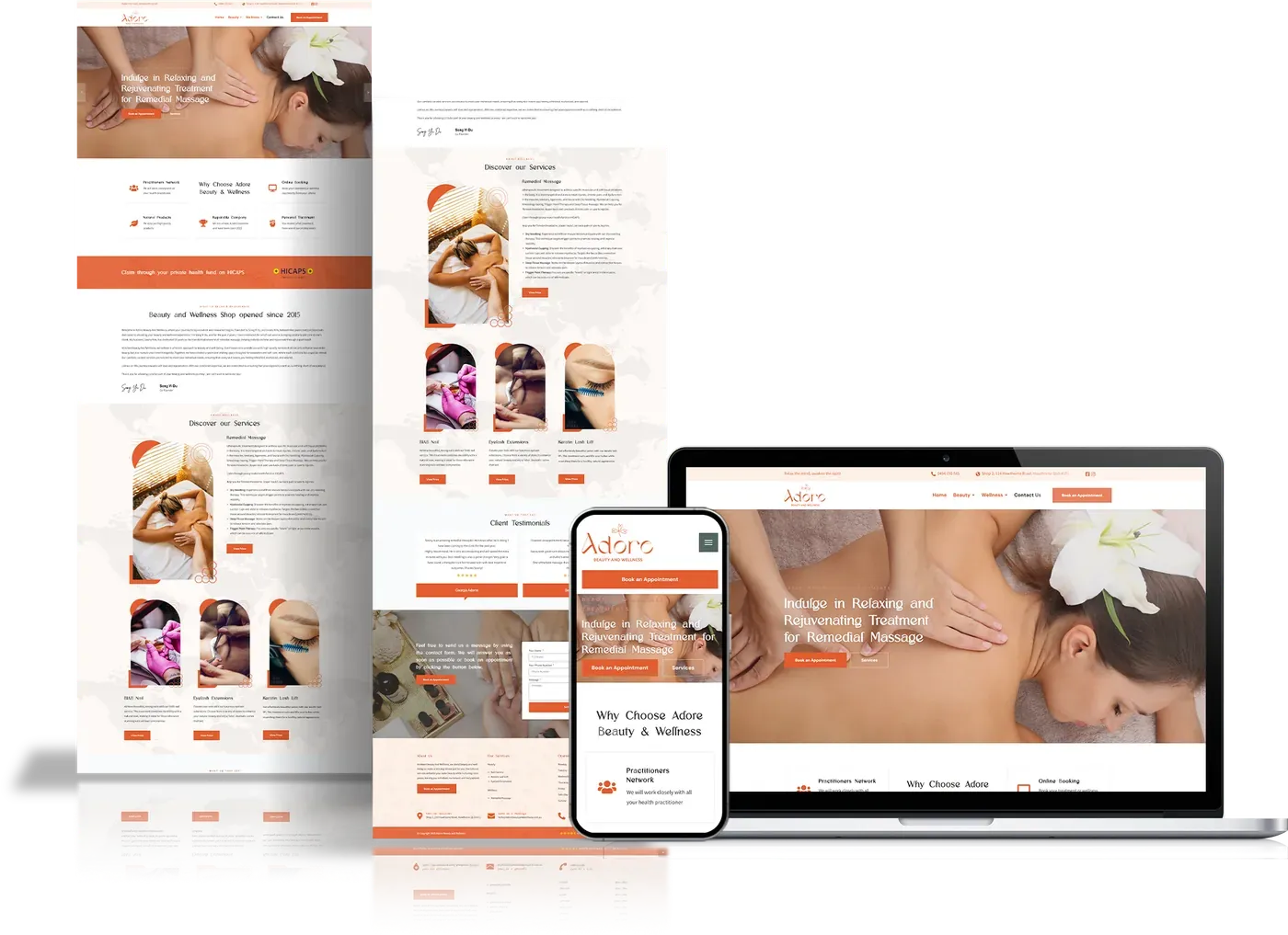 Adoro Beauty and Wellness website shown on desktop, tablet and phone