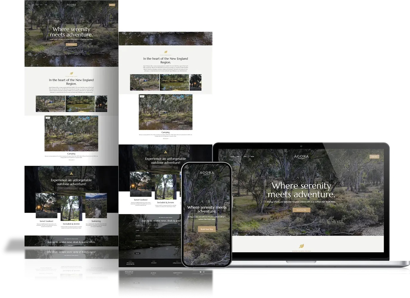 Agora Hideaway website shown on desktop, tablet and phone